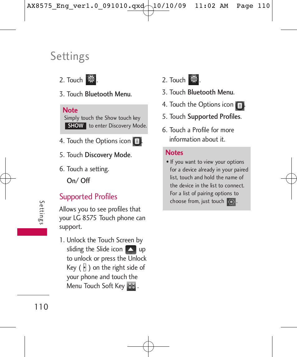 Settings, Supported profiles | LG LGAX8575 User Manual | Page 112 / 381