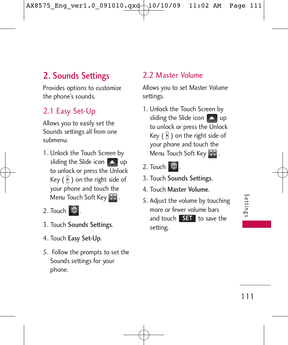 Sounds settings, 1 easy set-up, 2 master volume | LG LGAX8575 User Manual | Page 113 / 381