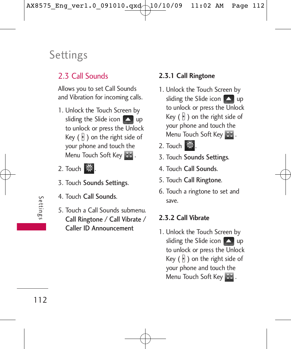 Settings, 3 call sounds | LG LGAX8575 User Manual | Page 114 / 381