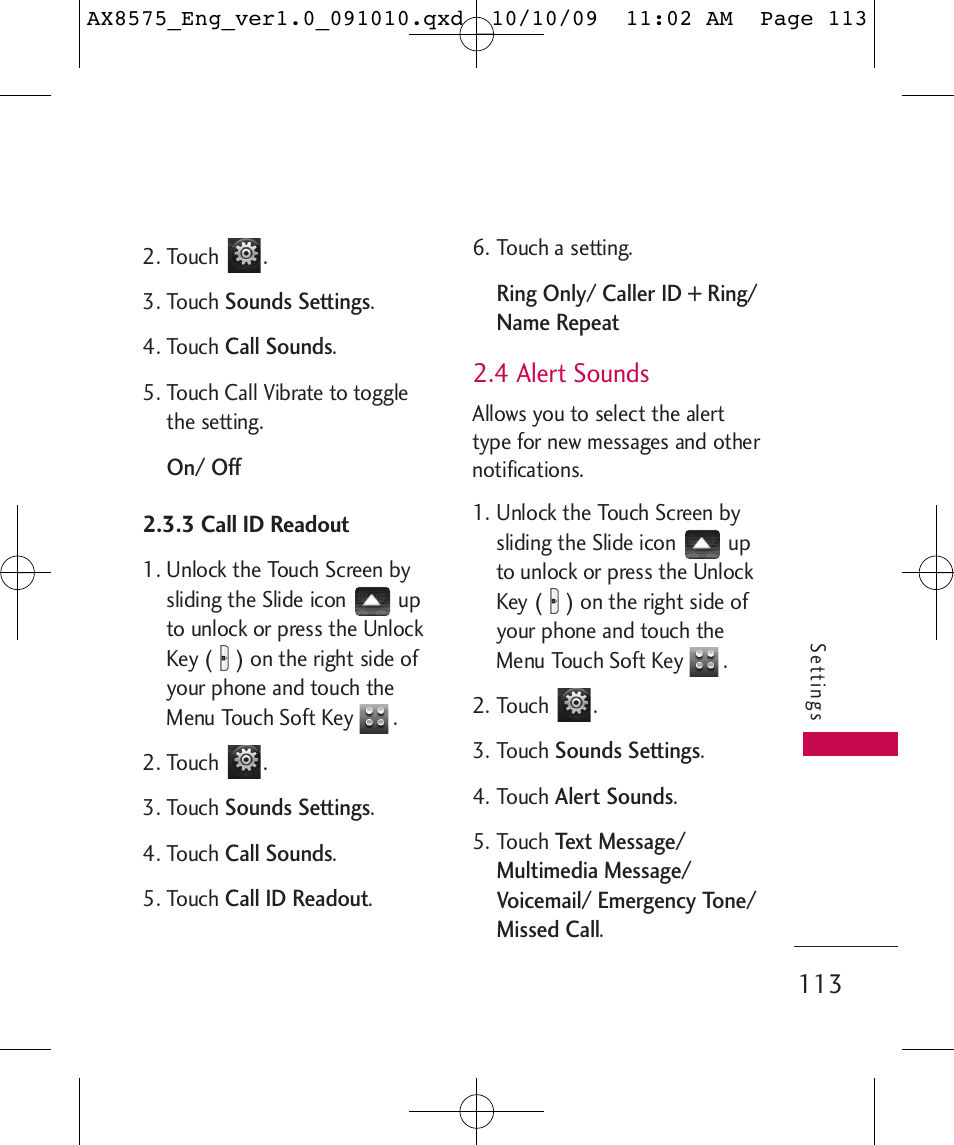 4 alert sounds | LG LGAX8575 User Manual | Page 115 / 381