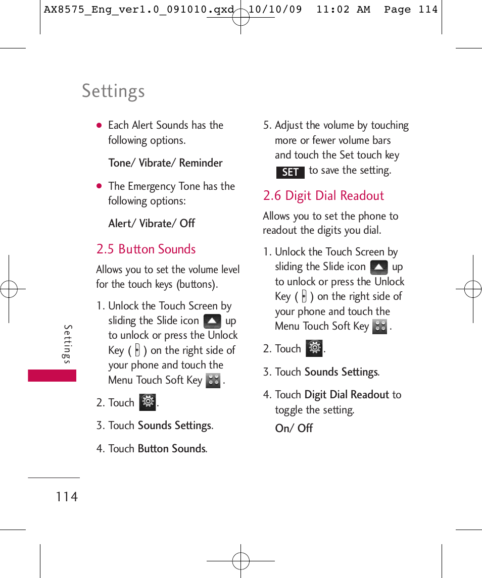 Settings, 5 button sounds, 6 digit dial readout | LG LGAX8575 User Manual | Page 116 / 381