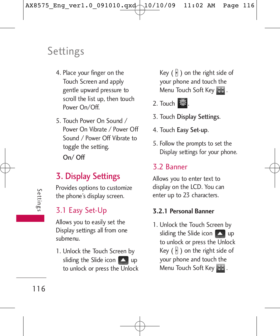 Settings, Display settings, 1 easy set-up | 2 banner | LG LGAX8575 User Manual | Page 118 / 381