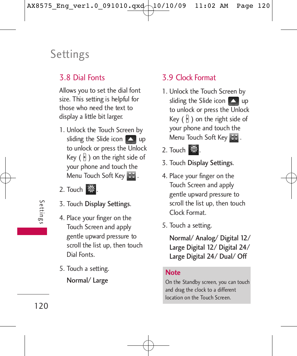 Settings, 8 dial fonts, 9 clock format | LG LGAX8575 User Manual | Page 122 / 381