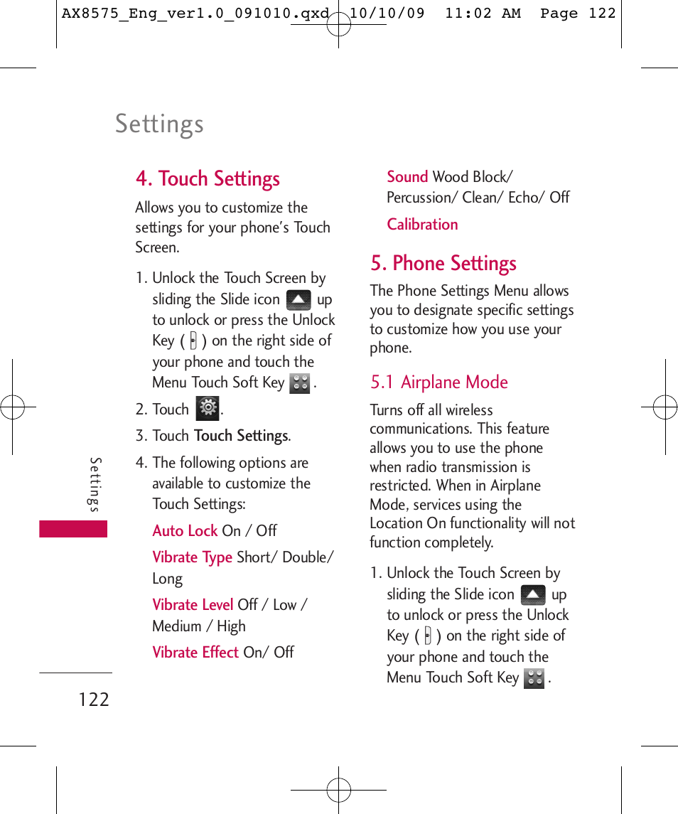 Settings, Touch settings, Phone settings | 1 airplane mode | LG LGAX8575 User Manual | Page 124 / 381