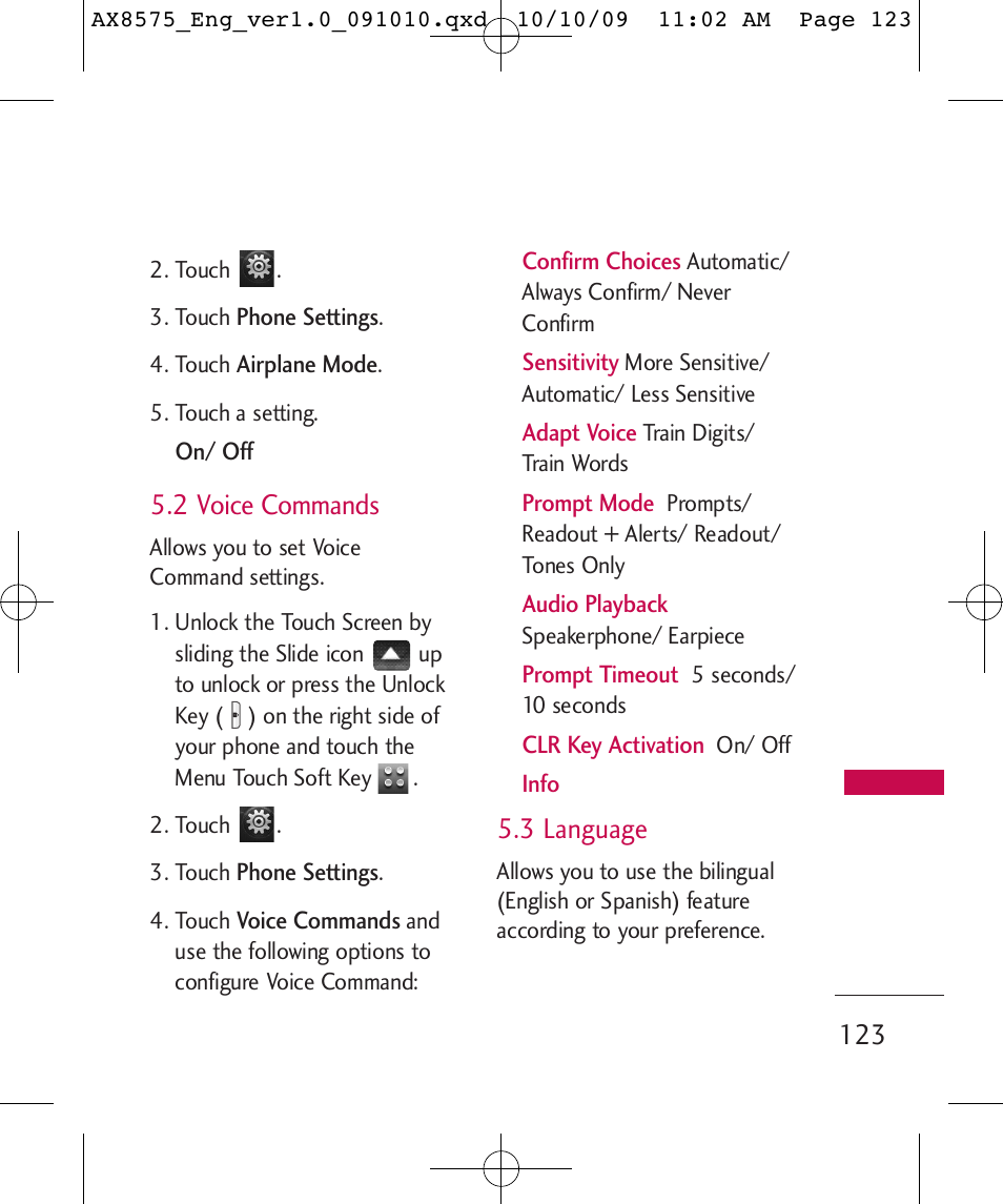 2 voice commands, 3 language | LG LGAX8575 User Manual | Page 125 / 381