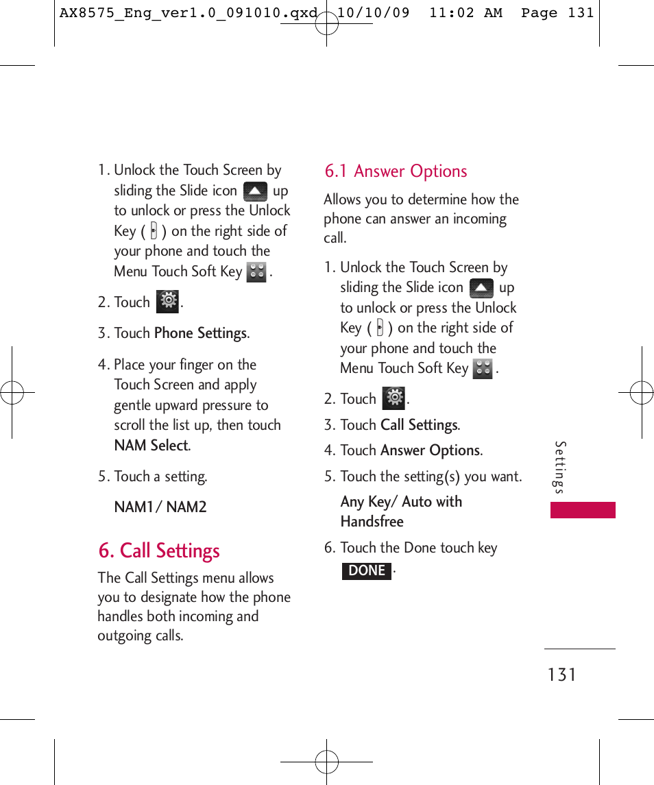 Call settings, 1 answer options | LG LGAX8575 User Manual | Page 133 / 381