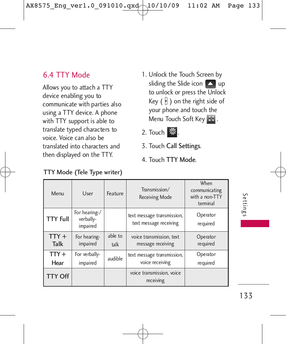 4 tty mode | LG LGAX8575 User Manual | Page 135 / 381