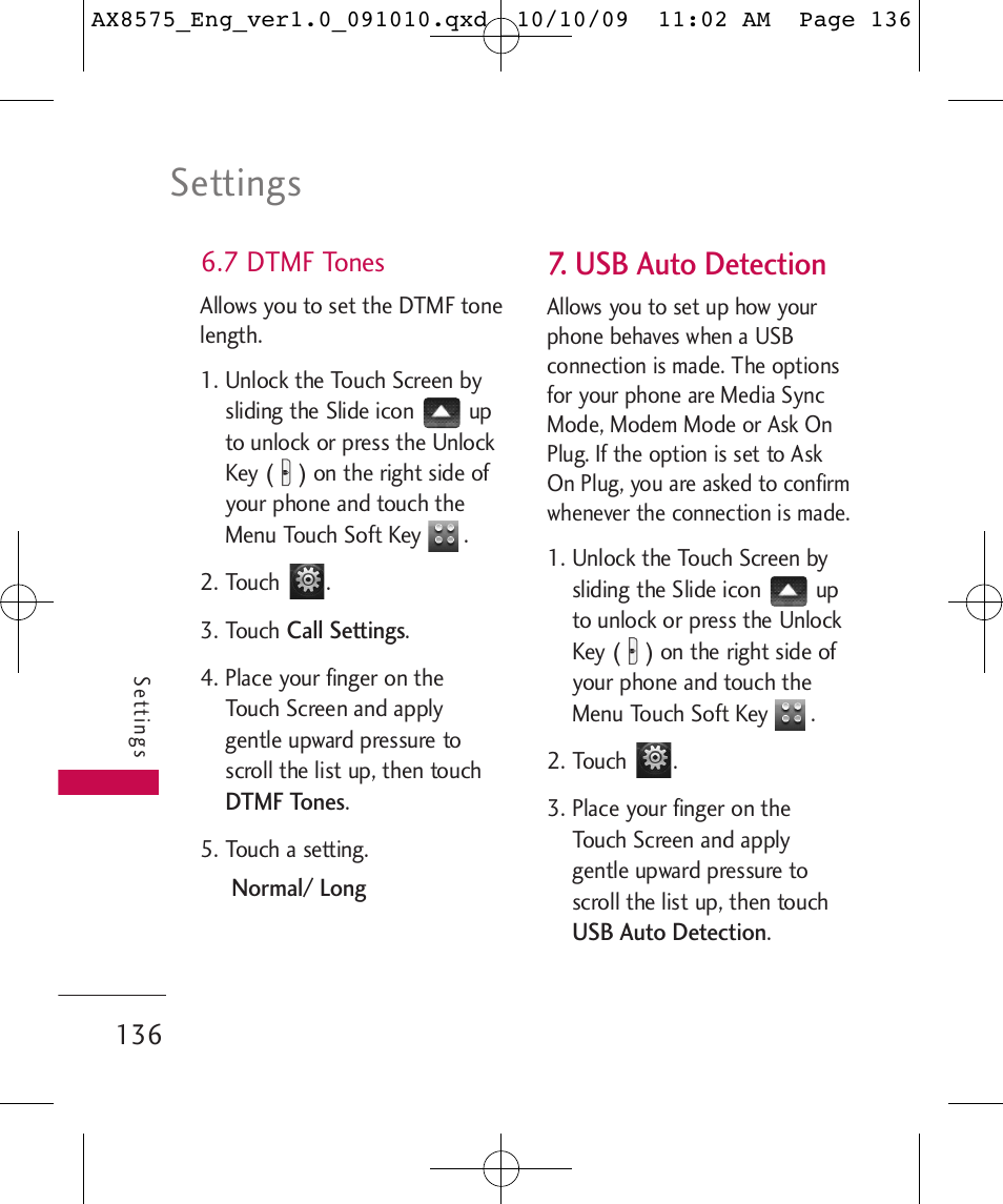 Settings, Usb auto detection, 7 dtmf tones | LG LGAX8575 User Manual | Page 138 / 381