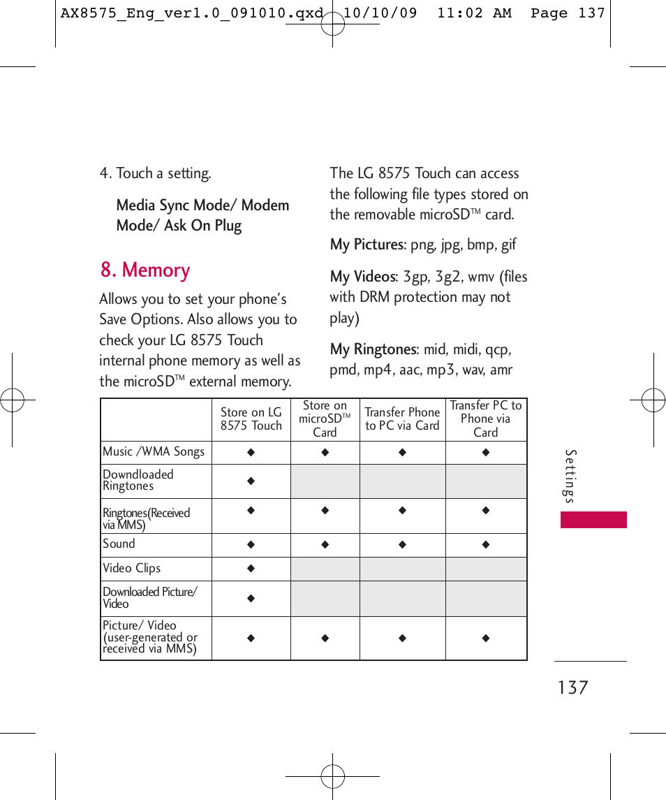 Media sync mode/ modem mode/ ask on plug, My pictures, My videos | My ringtones, Touch a setting, Card, Png, jpg, bmp, gif, Mid, midi, qcp, pmd, mp4, aac, mp3, wav, amr, Se tt ings | LG LGAX8575 User Manual | Page 139 / 381