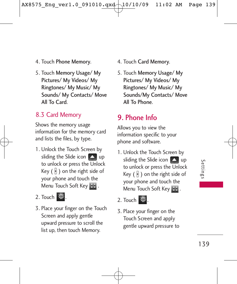 Phone info | LG LGAX8575 User Manual | Page 141 / 381