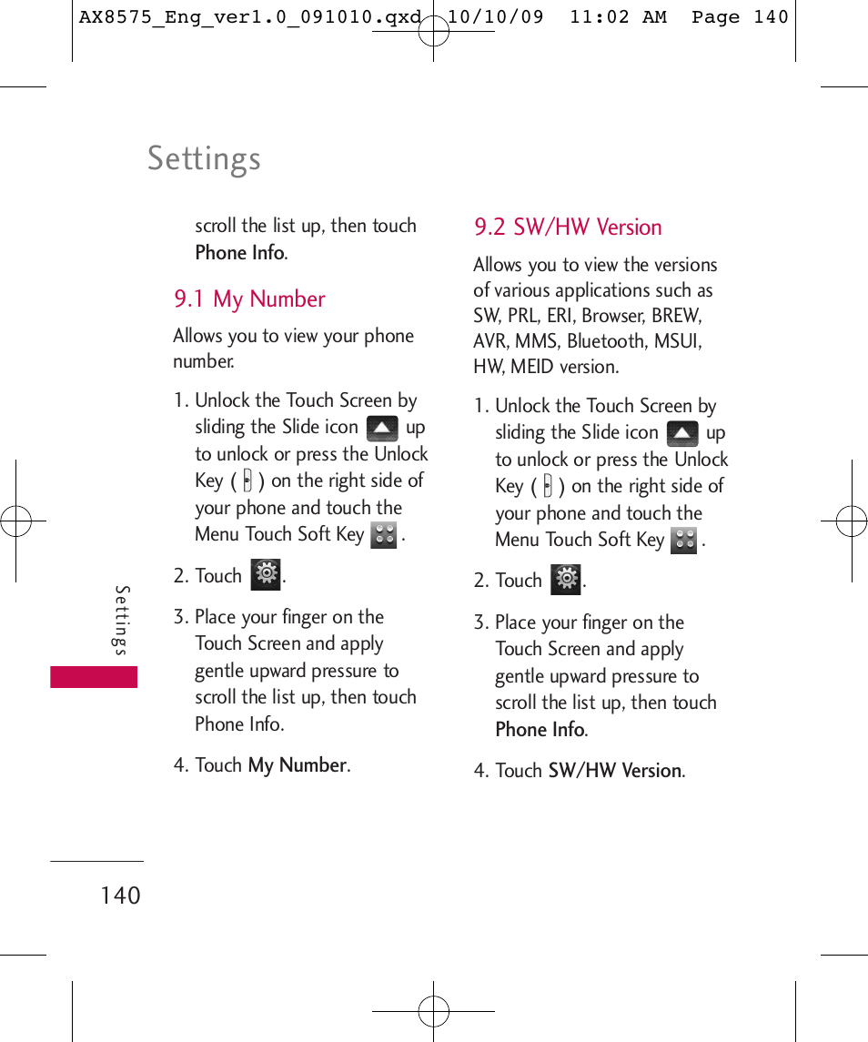 Settings, 1 my number, 2 sw/hw version | LG LGAX8575 User Manual | Page 142 / 381
