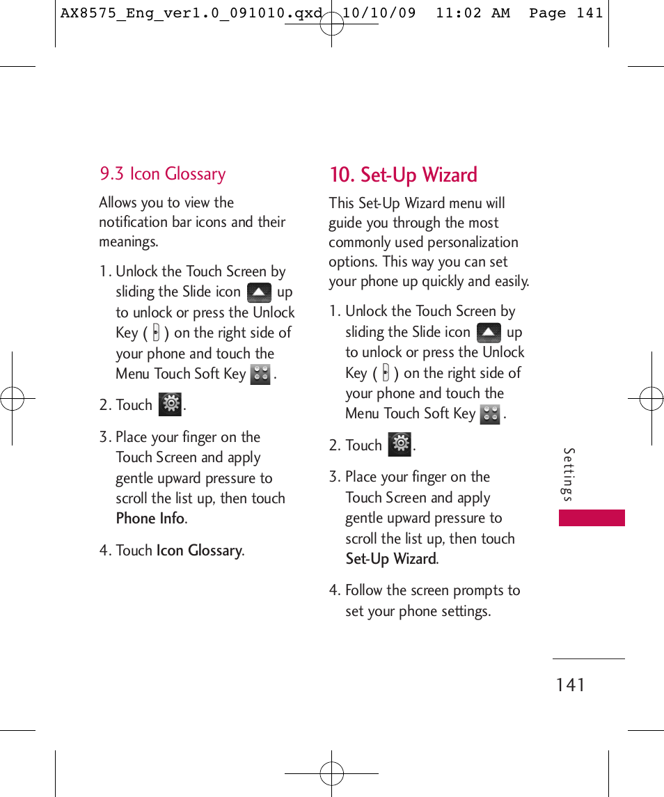 Set-up wizard, 3 icon glossary | LG LGAX8575 User Manual | Page 143 / 381