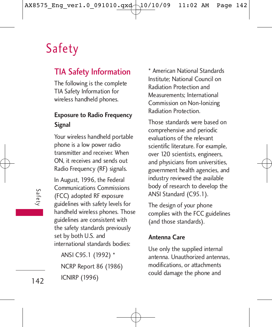 Safety, Tia safety information | LG LGAX8575 User Manual | Page 144 / 381