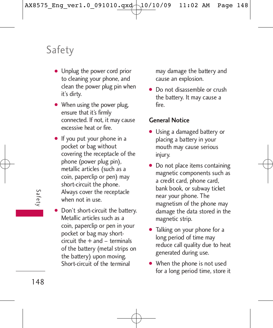 Safety, General notice | LG LGAX8575 User Manual | Page 150 / 381