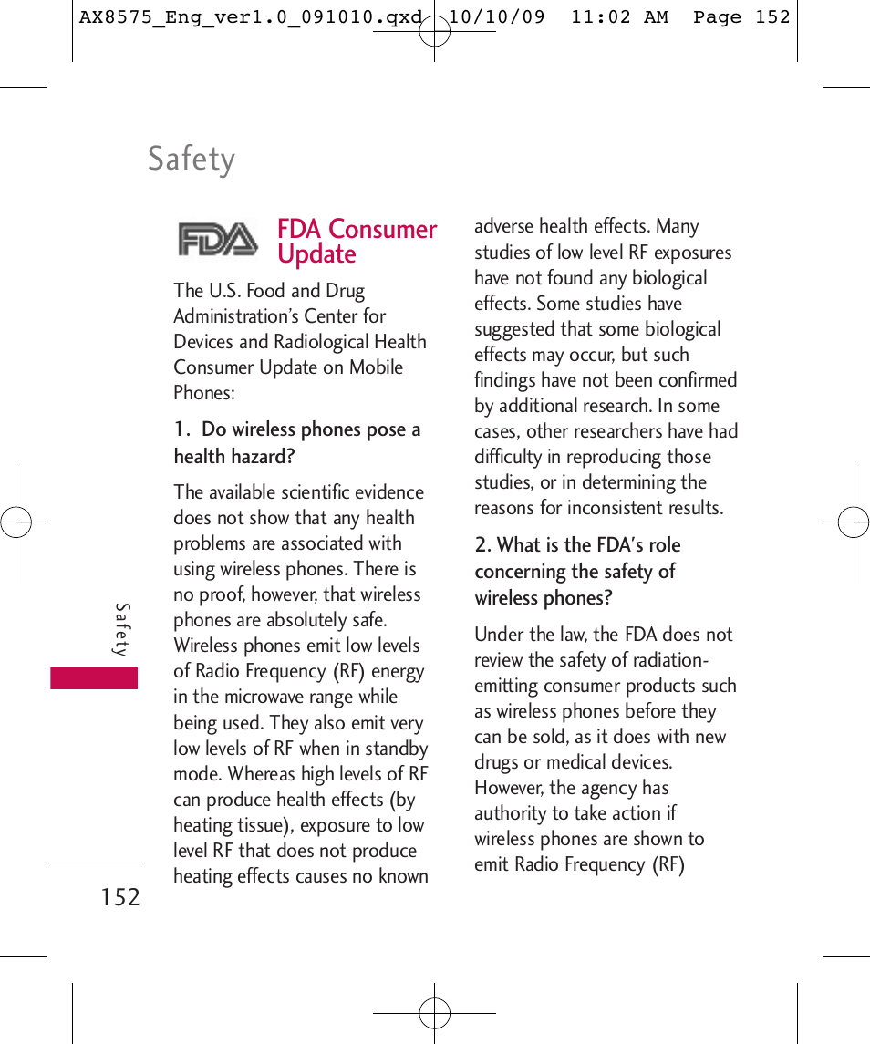 Safety, Fda consumer update | LG LGAX8575 User Manual | Page 154 / 381