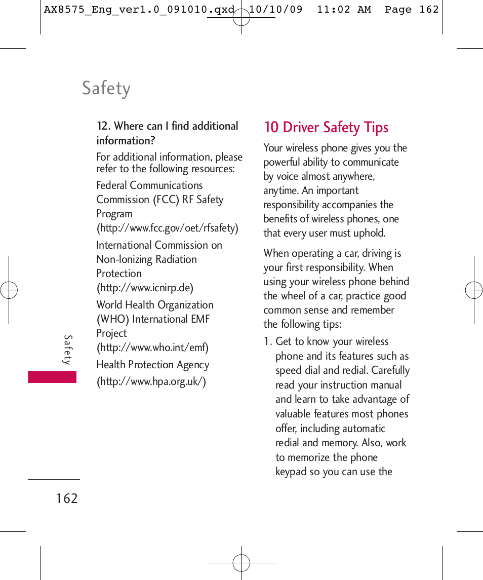 Safety, 10 driver safety tips | LG LGAX8575 User Manual | Page 164 / 381