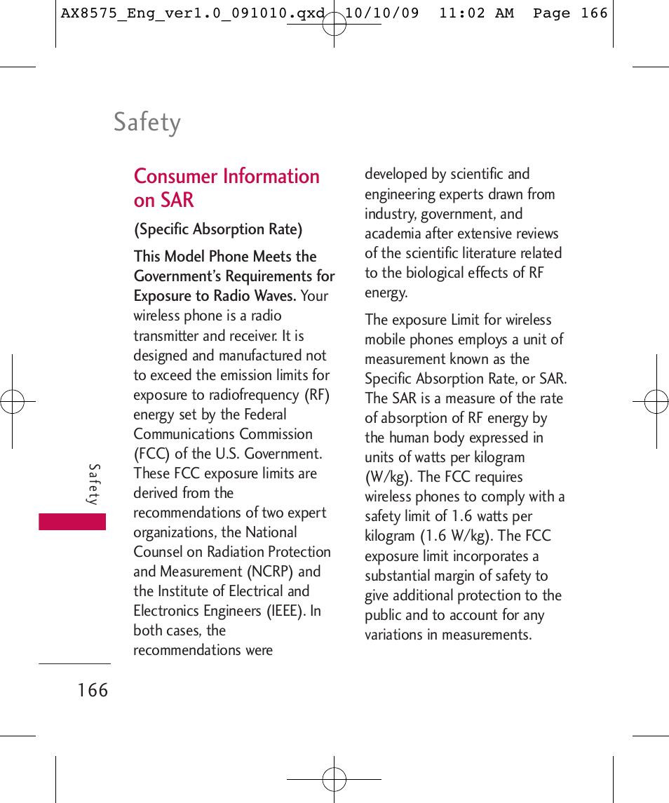 Safety, Consumer information on sar | LG LGAX8575 User Manual | Page 168 / 381