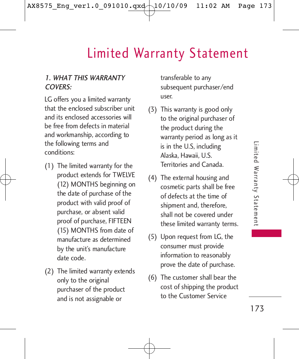 Limited warranty statement | LG LGAX8575 User Manual | Page 175 / 381