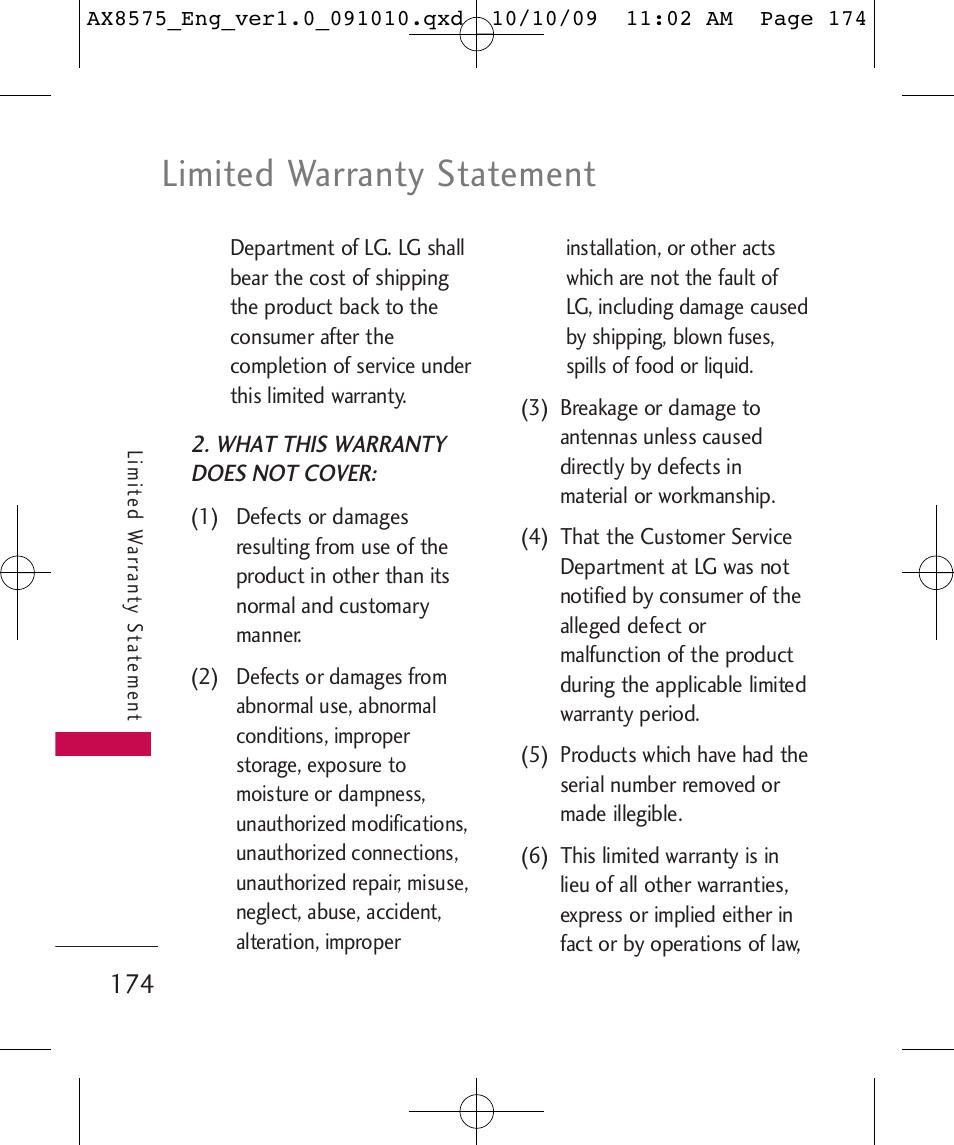 Limited warranty statement | LG LGAX8575 User Manual | Page 176 / 381