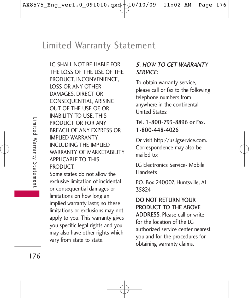 Limited warranty statement | LG LGAX8575 User Manual | Page 178 / 381