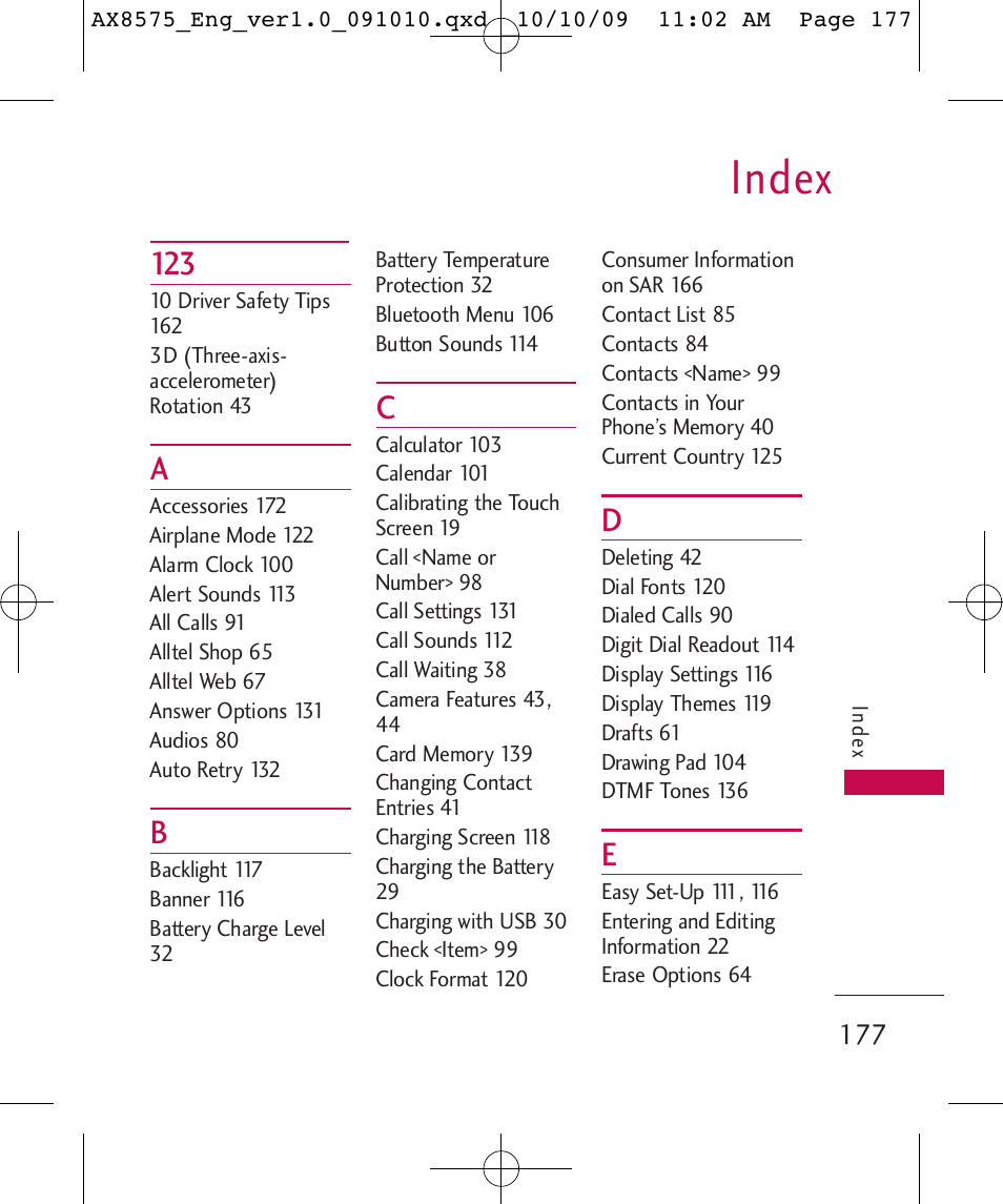 Index | LG LGAX8575 User Manual | Page 179 / 381