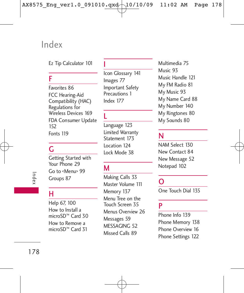 Index | LG LGAX8575 User Manual | Page 180 / 381