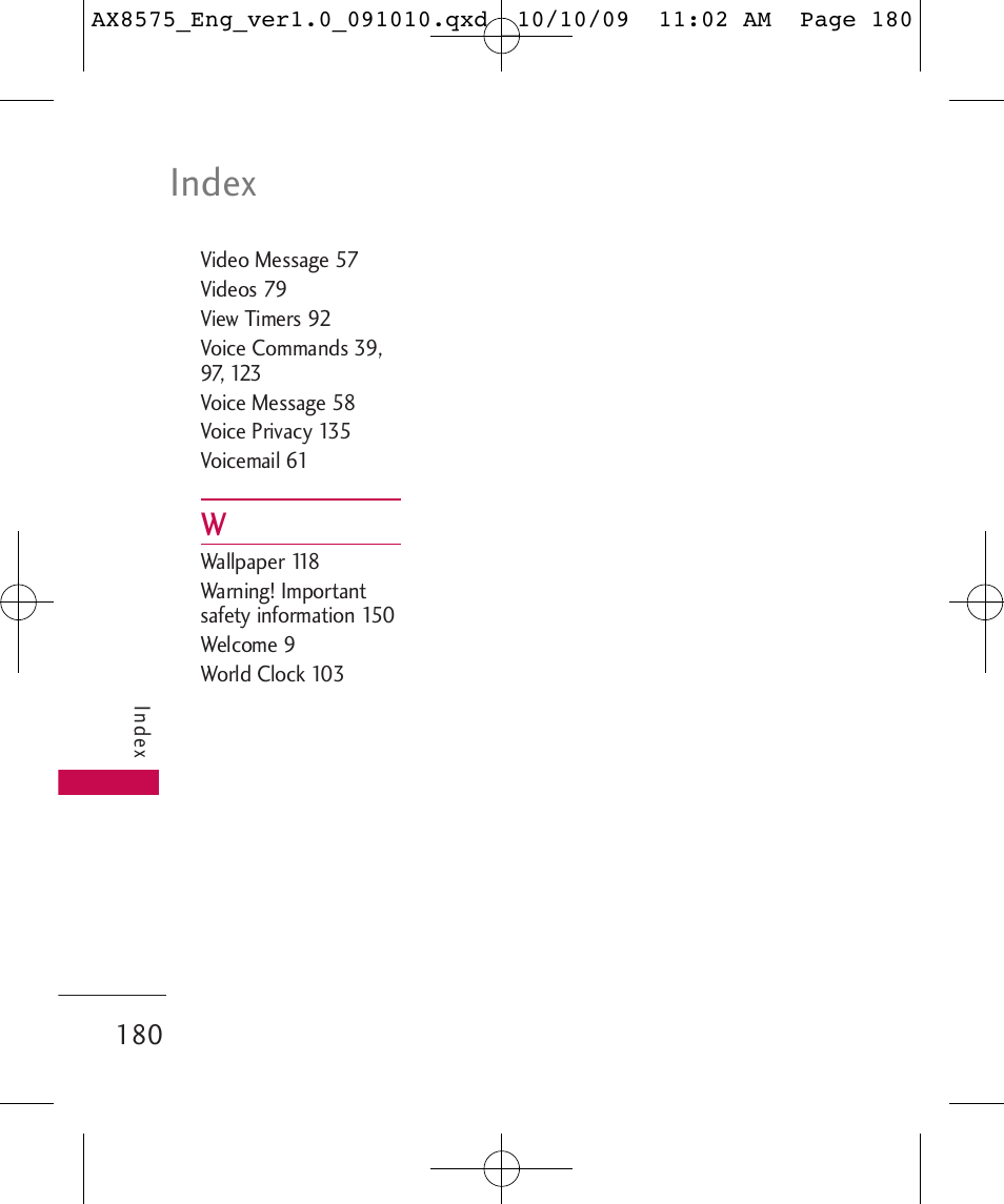 Index | LG LGAX8575 User Manual | Page 182 / 381