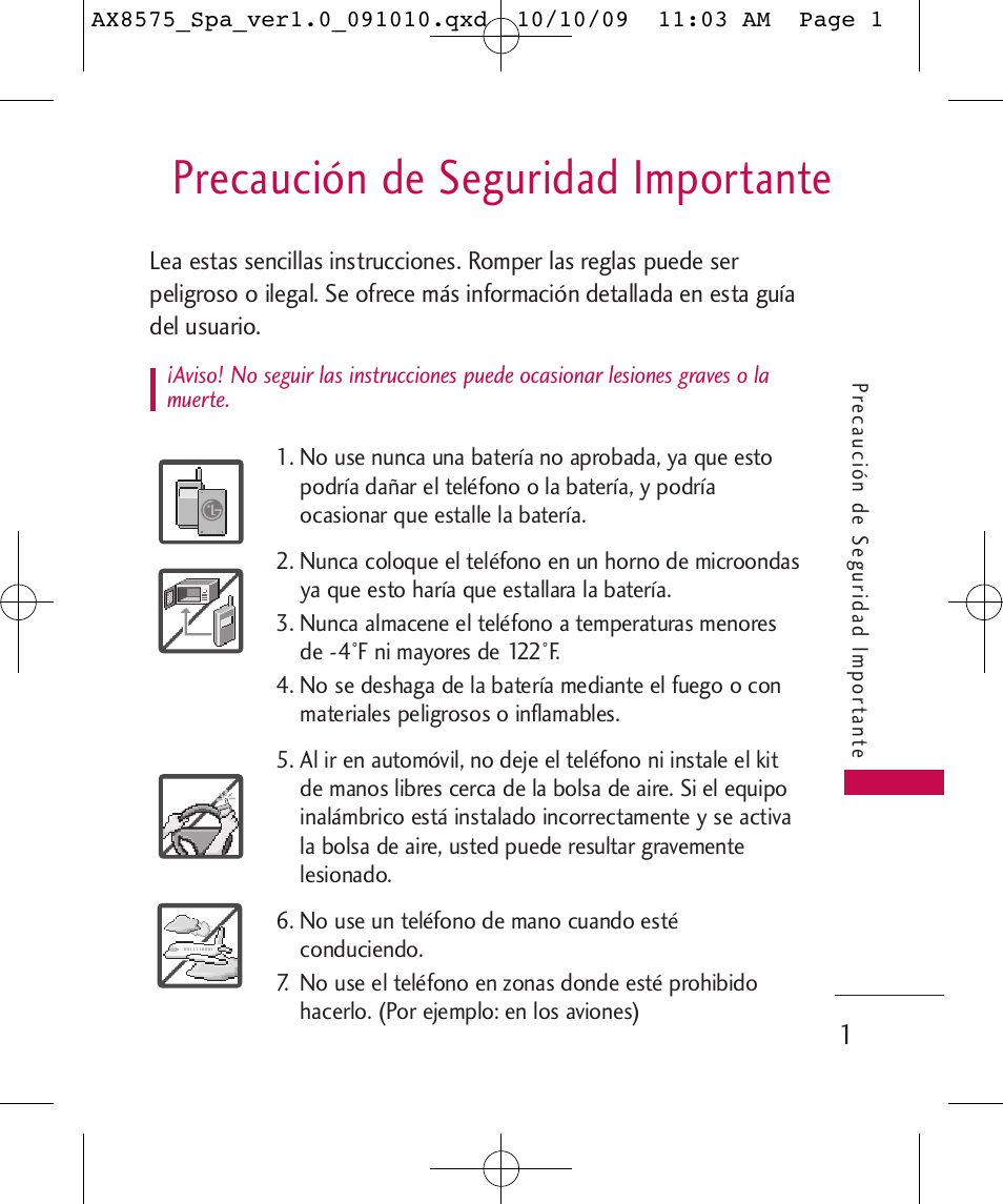 Precaución de seguridad importante | LG LGAX8575 User Manual | Page 185 / 381