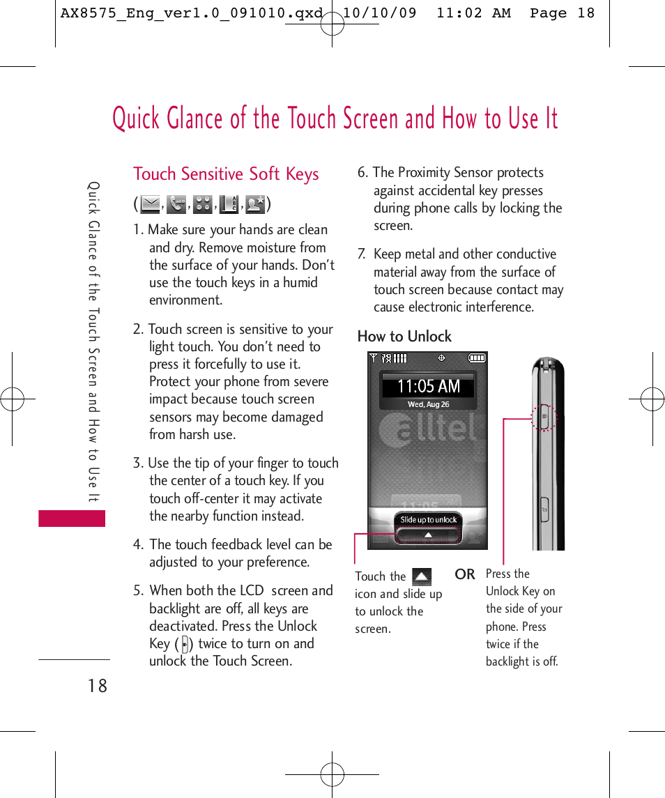 Quick glance of the touch screen and how to use it, Touch sensitive soft keys | LG LGAX8575 User Manual | Page 20 / 381