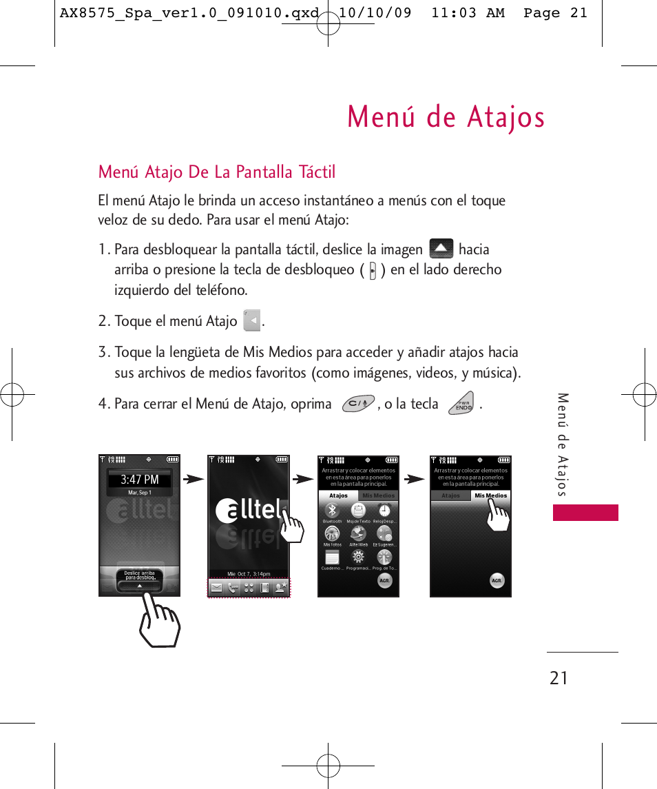 Menú de atajos, Menú atajo de la pantalla táctil | LG LGAX8575 User Manual | Page 205 / 381