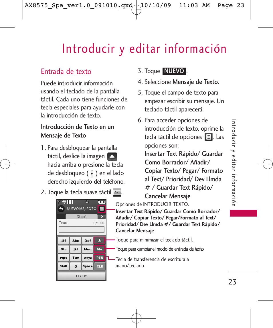 Introducir y editar información, Entrada de texto | LG LGAX8575 User Manual | Page 207 / 381