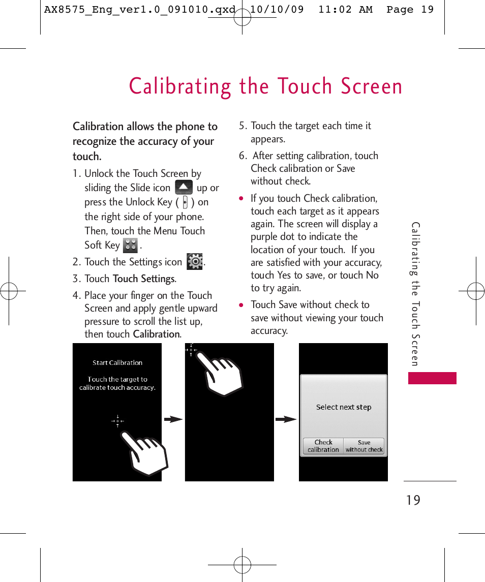 Calibrating the touch screen | LG LGAX8575 User Manual | Page 21 / 381