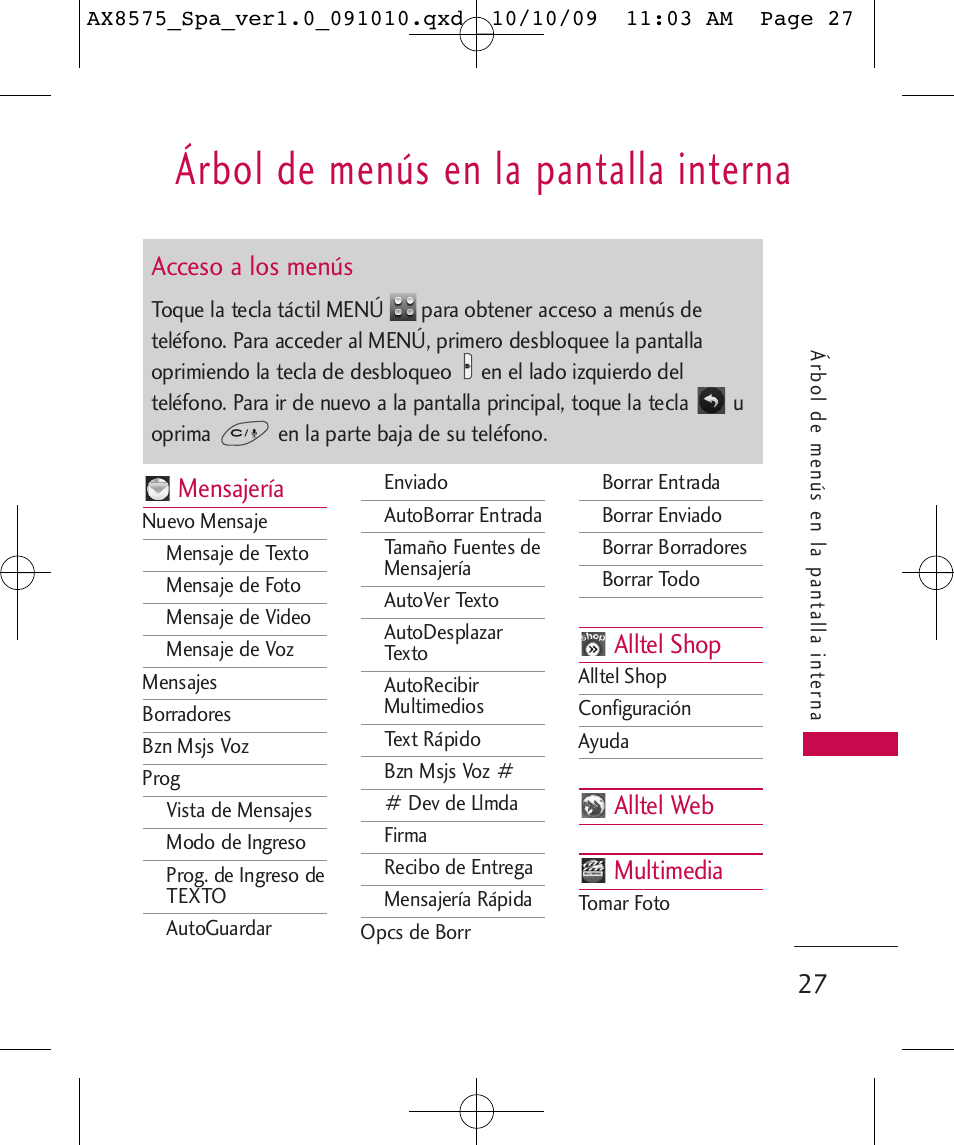 Árbol de menús en la pantalla interna, Mensajería, Alltel shop | Alltel web multimedia, Acceso a los menús | LG LGAX8575 User Manual | Page 211 / 381
