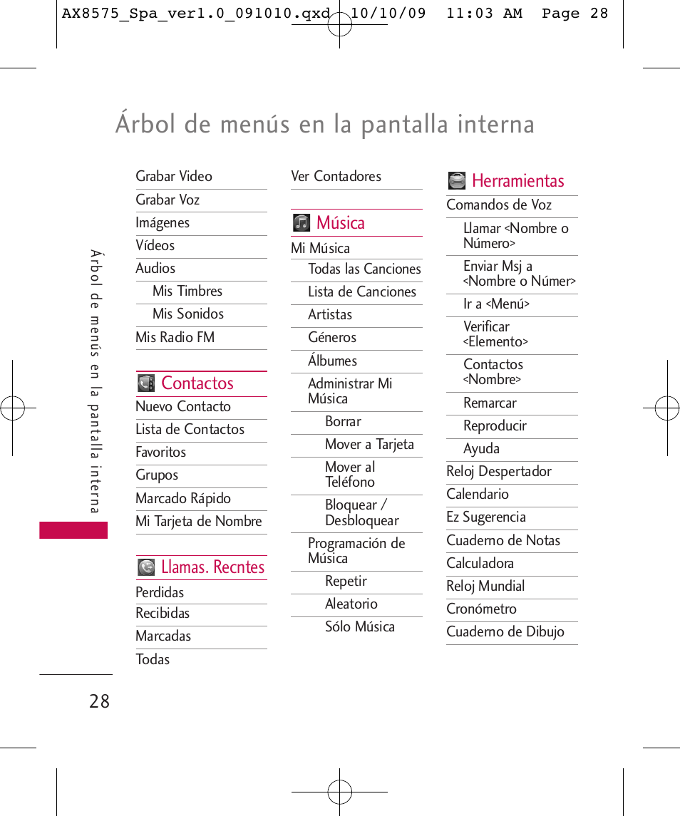 Árbol de menús en la pantalla interna, Contactos, Llamas. recntes | Música, Herramientas | LG LGAX8575 User Manual | Page 212 / 381