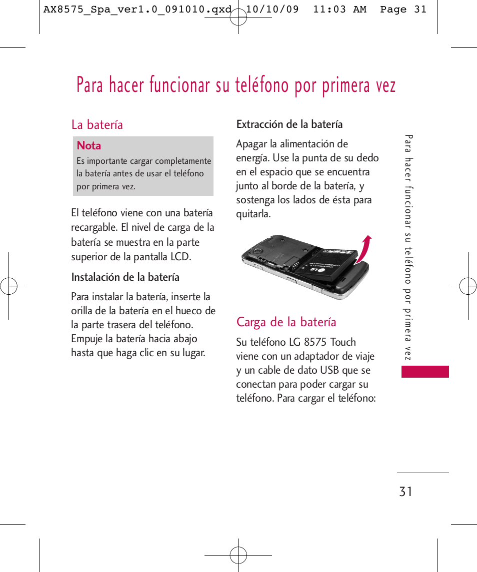 Para hacer funcionar su teléfono por primera vez | LG LGAX8575 User Manual | Page 215 / 381