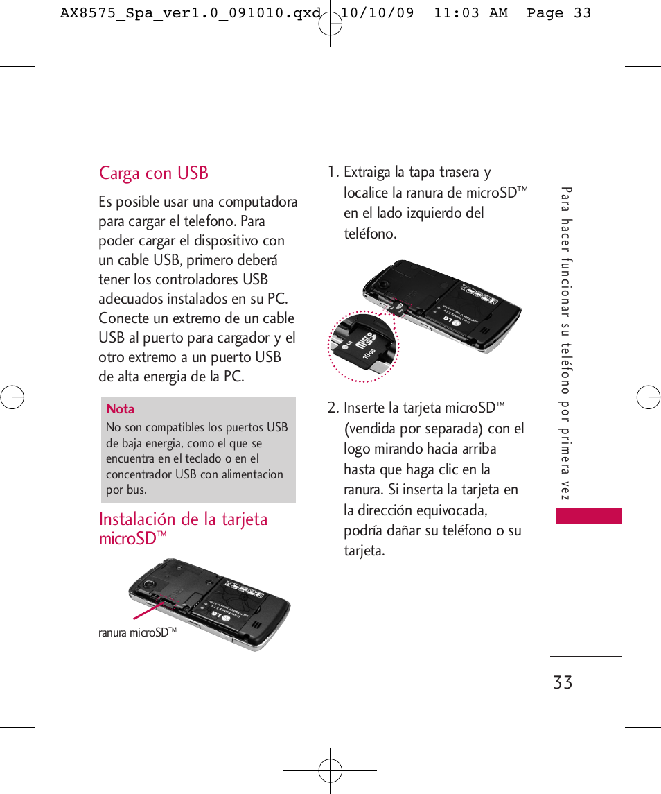 Carga con usb, Instalación de la tarjeta microsd | LG LGAX8575 User Manual | Page 217 / 381