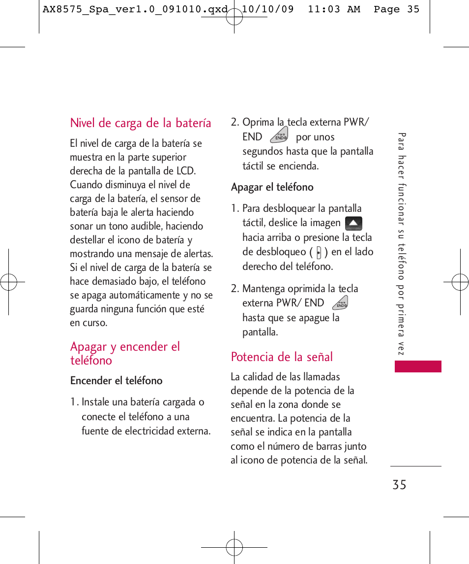 Nivel de carga de la batería, Apagar y encender el teléfono, Potencia de la señal | LG LGAX8575 User Manual | Page 219 / 381