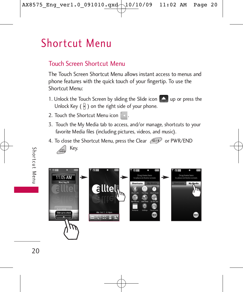 Shortcut menu, Touch screen shortcut menu | LG LGAX8575 User Manual | Page 22 / 381