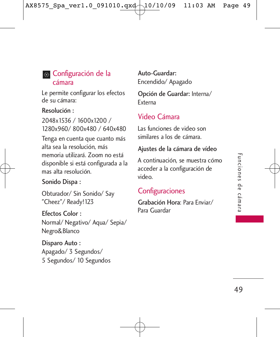 Configuración de la cámara, Video cámara, Configuraciones | LG LGAX8575 User Manual | Page 233 / 381