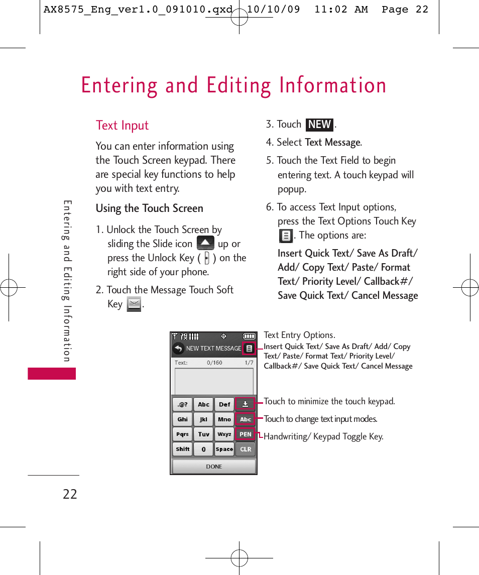 Entering and editing information, Text input | LG LGAX8575 User Manual | Page 24 / 381