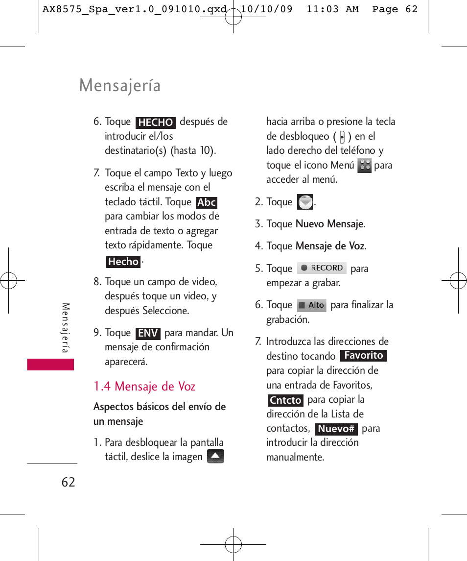 Mensajería, 4 mensaje de voz | LG LGAX8575 User Manual | Page 246 / 381
