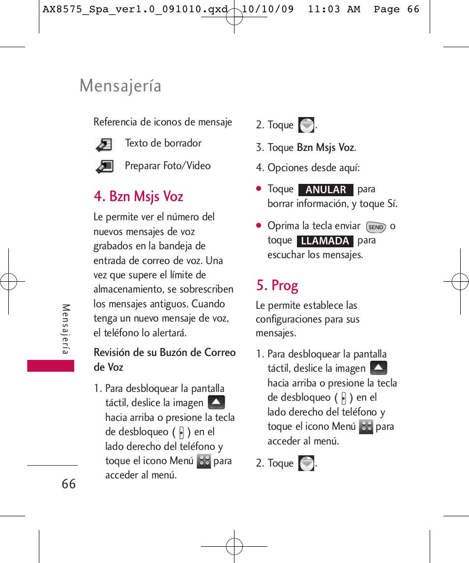 Mensajería, Bzn msjs voz, Prog | LG LGAX8575 User Manual | Page 250 / 381