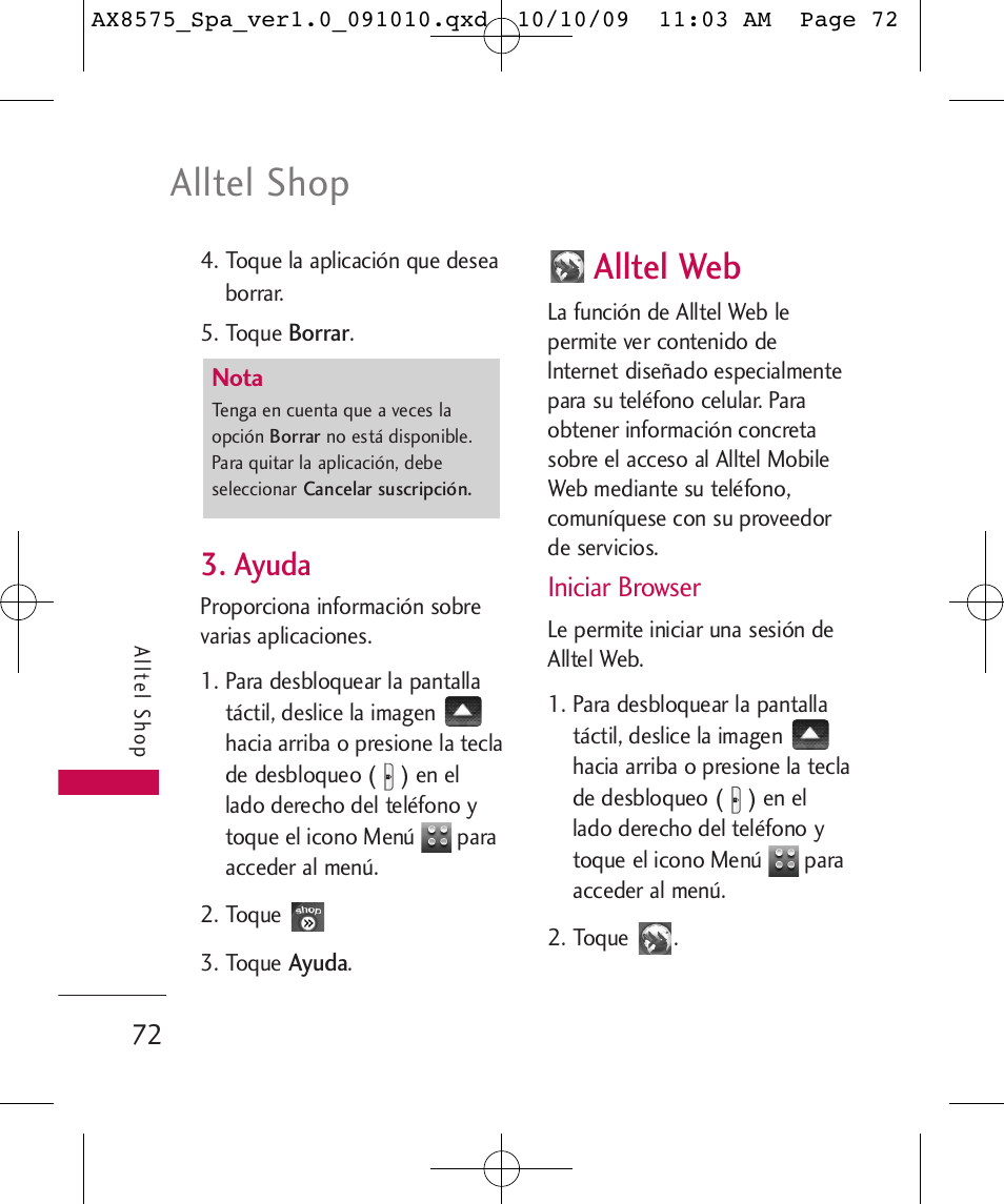 Alltel shop, Alltel web, Ayuda | Iniciar browser | LG LGAX8575 User Manual | Page 256 / 381