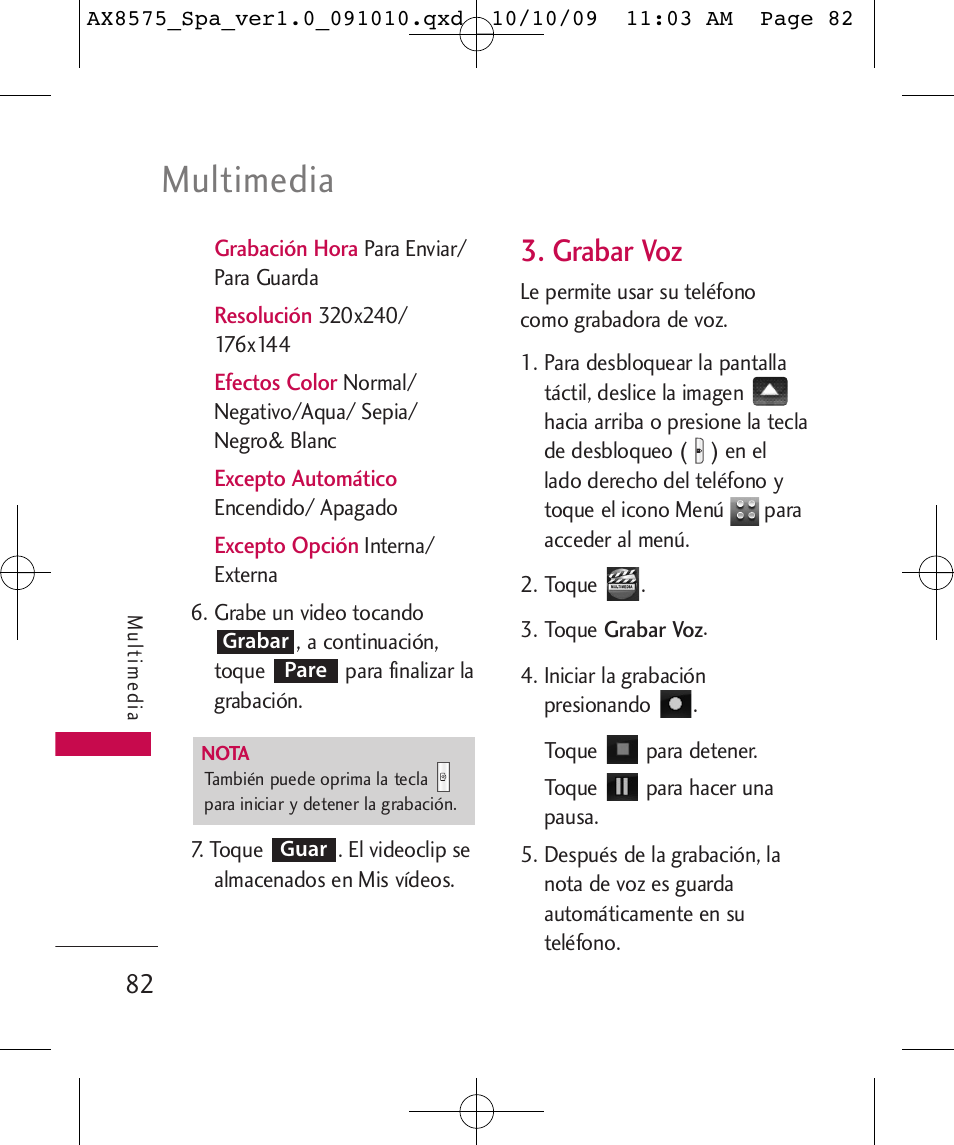 Multimedia, Grabar voz | LG LGAX8575 User Manual | Page 266 / 381