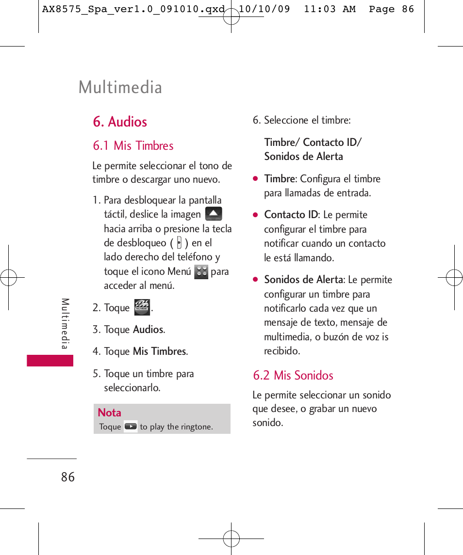 Multimedia, Audios, 1 mis timbres | 2 mis sonidos | LG LGAX8575 User Manual | Page 270 / 381