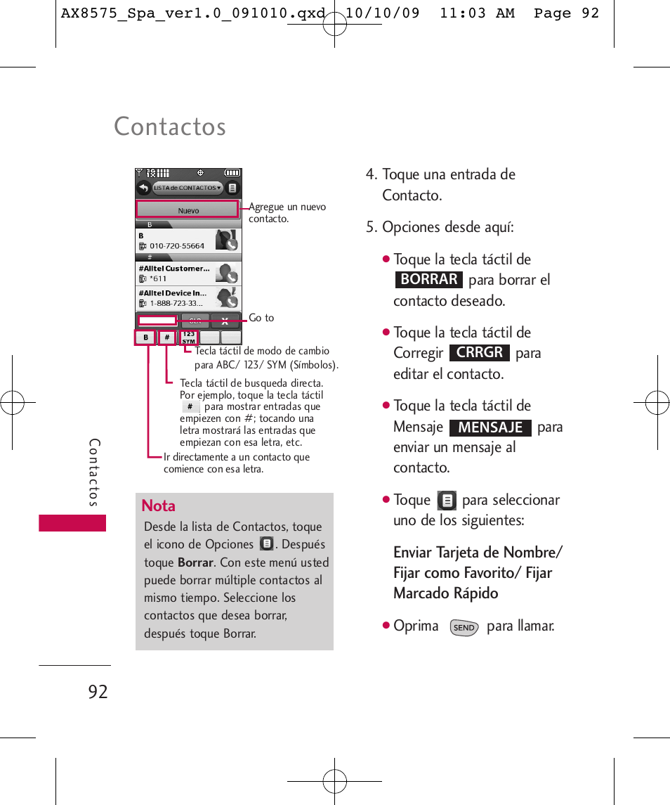 Contactos, Nota | LG LGAX8575 User Manual | Page 276 / 381