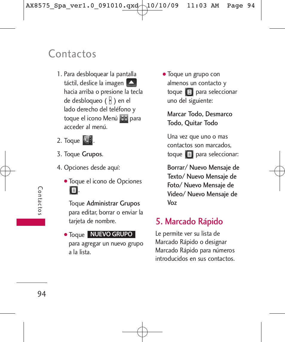 Contactos, Marcado rápido | LG LGAX8575 User Manual | Page 278 / 381