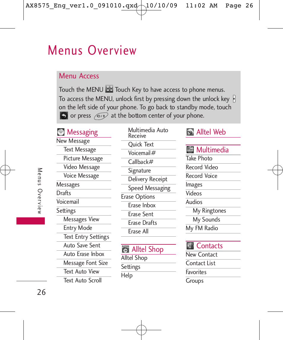 Menus overview, Messaging, Alltel shop | Alltel web multimedia, Contacts, Menu access | LG LGAX8575 User Manual | Page 28 / 381