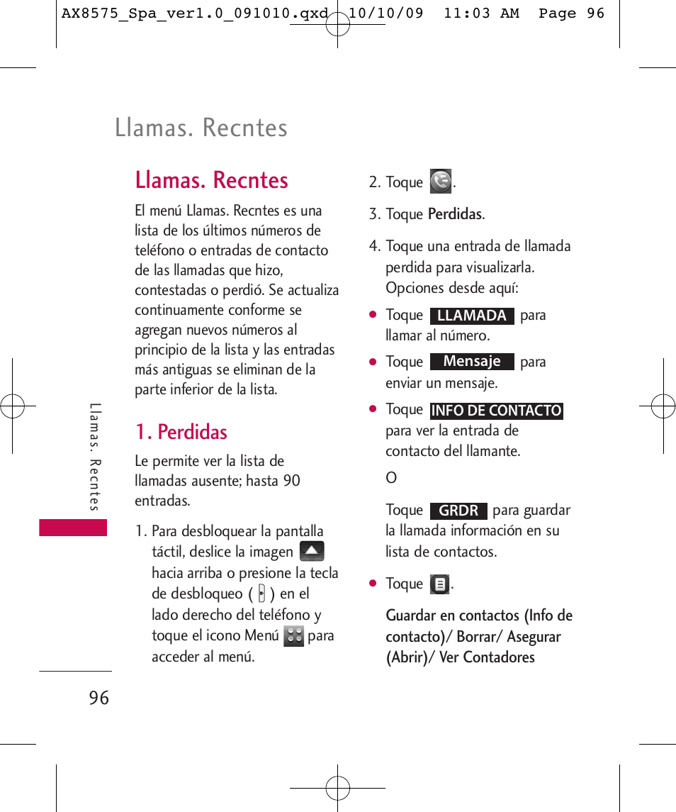 Llamas. recntes, Perdidas | LG LGAX8575 User Manual | Page 280 / 381