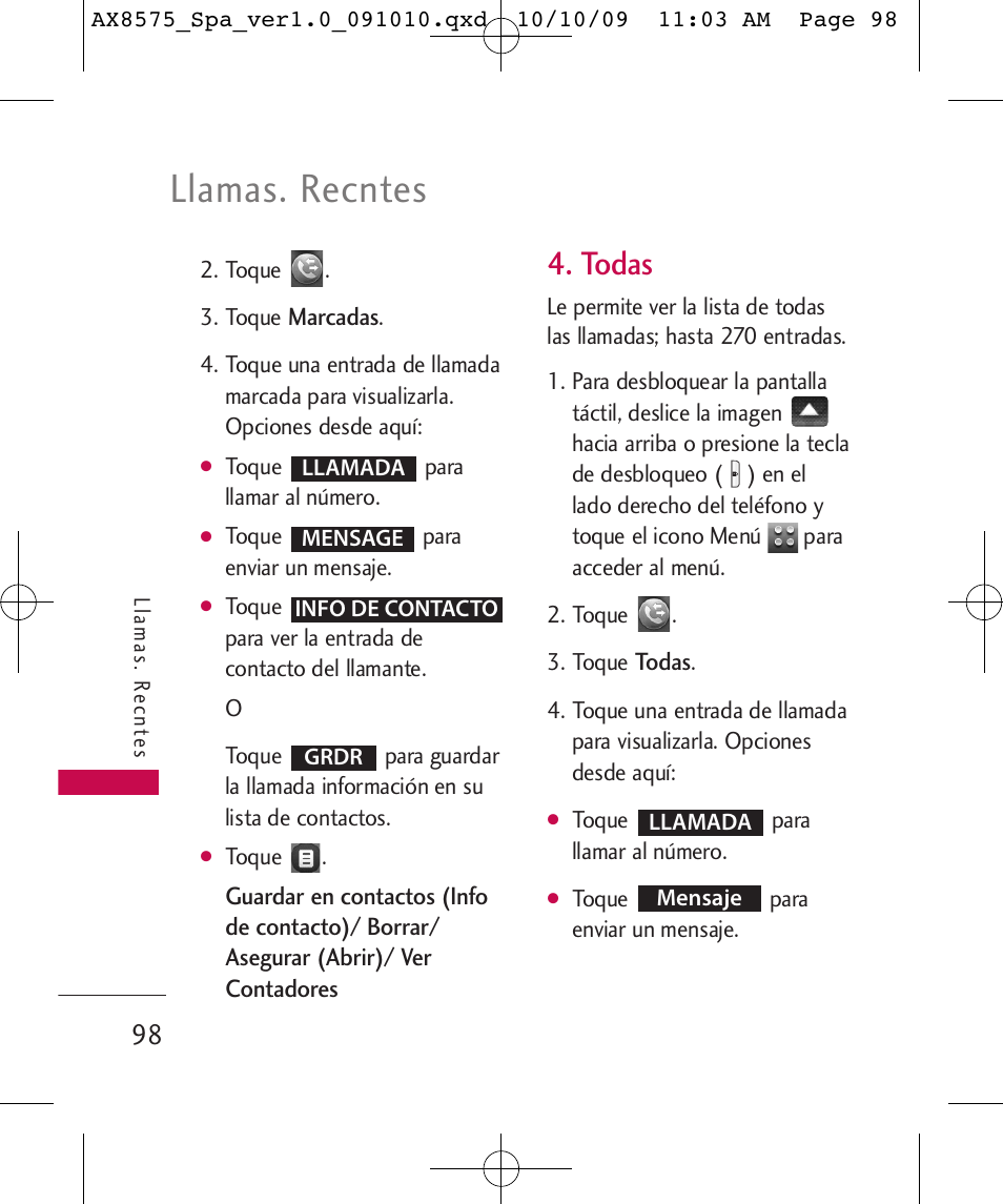 Llamas. recntes, Todas | LG LGAX8575 User Manual | Page 282 / 381